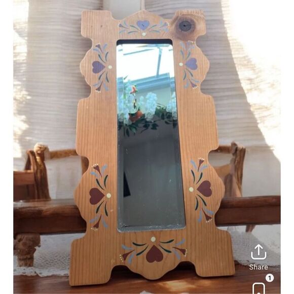 Vintage Other - vintage 16" by 6" Folk Art Wood Mirror Scalloped Edges Hearts Hand Painted